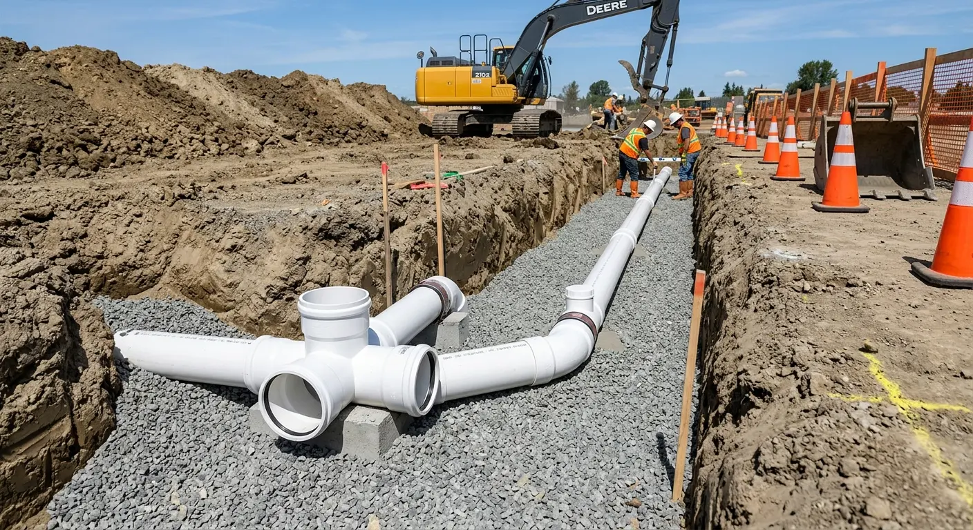 New PVC sewer pipe installation in open trench for Sewer Backup in Walnut Creek